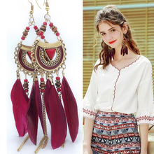 Vintage Ethnic Feather Earrings Handmade Beads Tassel Feather Leaf Big Drop Earrings Boho Jewelry Women Gifts Wholesale 2024 - buy cheap