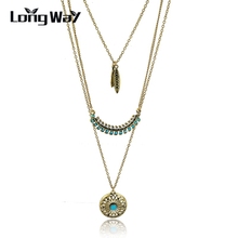 LongWay Ethnic Antique Gold Necklaces & Pendants Vintage Sun Fer Blue Beads Multi Layer Necklaces For Women Long SNE150881103 2024 - buy cheap