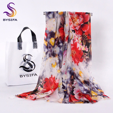 [BYSIFA] Winter Pure Wool Long Scarves Shawl 2017New Ladies Fashion Accessories Chinese Red Peony Long Scarves Pashmina 200*70cm 2024 - buy cheap