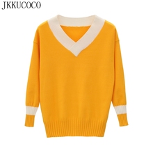JKKUCOCO White Big V-neck Sweaters Women sweater good quality Knitted Cotton Sweater Women Loose Casual Pullovers 5 Colors 2024 - buy cheap