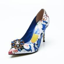 2018 Fashion Luxury Crystal Flowers Decor Blue Pumps Women Floral Print Shallow Slip On Heels Shoes Pointed Toe Gladiator Pumps 2024 - buy cheap