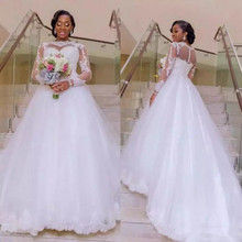 Plus Size A Line White Tulle African Wedding Dresses Lace Applique Sheer Neck Long Sleeve Nigerian Beach Bridal Gowns Custom 2024 - buy cheap