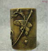 YM  305   Chinese Pure Bronze Copper Bird Bamboo Statue Brush Pot Barrel Pencil Vase 2024 - buy cheap