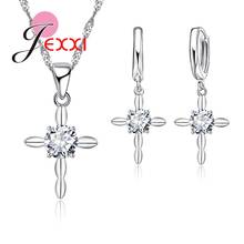 Christmas Gift Shiny Cross Pendant Necklace Earrings Sets Cubic Zirconia 925 Sterling Silver Jewelry Set Drop Shipping 2024 - buy cheap