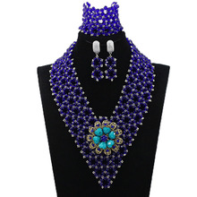 Shining Royal Blue African Beads Bridal Jewelry Set Nigerian Wedding Beaded Crystal Necklace Set Silver Plated Free Ship HX615 2024 - buy cheap