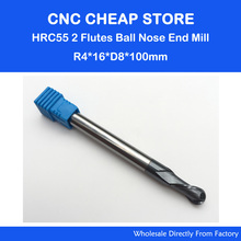 1pc 8mm NANO Coated 2 Two flutes Ball Nose HRC55 R4.0mm extra long length100mm tungsten carbide end mill bit CNC milling cutter 2024 - buy cheap