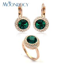 MOONROCY Green Crystal Crystal Ring and Earrings Jewelry Set Vintage Rose Gold Color for Women Girls Dropshipping Wholesale 2024 - buy cheap