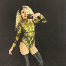 Traje feminino de palco, com pedras douradas, manga longa, collant sexy, roupa para apresentação, cantoras, dança, aniversário, bodysuit 2024 - compre barato