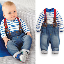 2021 Hot selling Baby Boy Clothing Set Autumn Long Sleeve Blue Stripe Top+Jeans Bib Pants Overall 2 Pcs/Set Newborn Baby Clothes 2024 - buy cheap