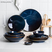 Kinglang 1/2/4/6 pessoa jantar set deep blue color cerâmica retro glazed pratos de arroz domésticos 2024 - compre barato