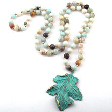 Free Shipping Fashion Amazonite Stone Bead Metal Blue leaf Pendant Necklaces 2024 - buy cheap