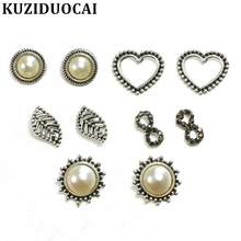 Kuziduocai New ! Fashion Fine Jewelry Retro Metal 5 pairs/set Leaves Heart Unlimited Pearl Flowers Stud Earrings For Women E-524 2024 - buy cheap