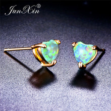 JUNXIN-pendientes de tuerca con forma de corazón de ópalo para mujer, aretes de oro amarillo lleno de ópalo verde/blanco/Azul, piedra de nacimiento 2024 - compra barato