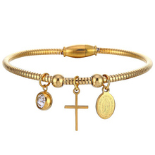 Pulseira religiosa de cruz maria, pulseira enrolada em aço inoxidável com pedra cz, bracelete de fio embutido para mulheres e homens, joia 2024 - compre barato