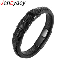 Pulseira masculina de couro legítimo e trançado, bracelete de aço inoxidável tecido preto, marrom, fecho magnético, joias, 2019 2024 - compre barato