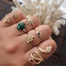 7 Pcs/Set Boho Little Snake Star Eyes Buddha Statue Gem Triangle Gold Adjustable Opening Ring Set Women Personality Jewelry Gift 2024 - buy cheap