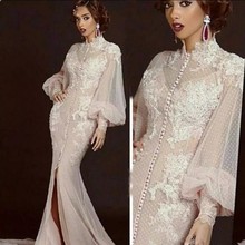 Muçulmano vestidos de noite sereia mangas compridas tule renda fenda formal islâmico dubai árabe saudita longo elegante vestido de noite 2024 - compre barato