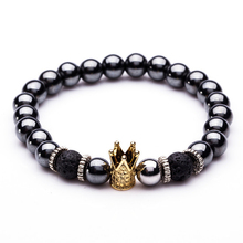 8mm Black Hematite And Volcanic Stone Beaded Men Bracelet For Women Crown Male Hand Chain Bracelets Lovers Fashion Jewelry 2024 - buy cheap