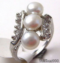 Wholesale FREE SIP>>Real White Pearl 3 Beads 18KWGP Crystal Ring Size: 7.8.9 2024 - buy cheap