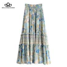 Boho Chic Summer Vintage Floral Print Ruffles Long Skirt Women 2019 Fashion Elastic Waist Lace Up Maxi Beach Skirts Faldas Mujer 2024 - buy cheap