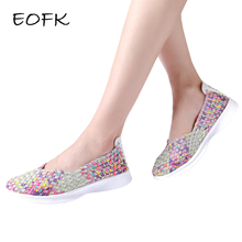 EOFK Summer Women Flat Handmade Comfortable Shallow Wowen Loafers Lady Casual Slip-on Round Toe Mixed Colors Weave Shoes 2024 - buy cheap