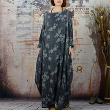 BUYKUD Women Loose Long Embroidery Dress Cotton Linen Round Neck Long Sleeve Vintage And Elegant Stitching Maxi Gray Dresses 2024 - buy cheap