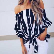 Fashion Summer Women Off the Shoulder tops 2018 Casual Chiffon Long Sleeve Ladies Shirt Loose Tops Blouse 2024 - buy cheap