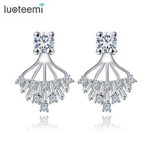LUOTEEMI Fashion Chic Double Side Cubic Zircon Crystal Ear Jacket Stud Earrings Delicate Brinco Cute White Gold Color Jewelry 2024 - buy cheap