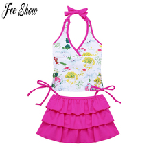 Conjunto de traje de baño de dos piezas con estampado Floral para niñas, Tankini, Top ajustable con cuello Halter, traje de baño 2024 - compra barato