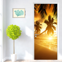 Pegatina 3D autoadhesiva creativa para puerta, puesta de sol junto al mar, árbol de coco, foto de paisaje, papel tapiz para sala de estar y dormitorio 2024 - compra barato