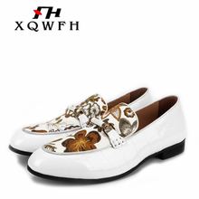 Handmade Men Shoes White Leather and Printed Men's Casual Shoes Men Flat Shoes Stylist Sneakers 2024 - buy cheap