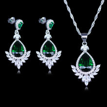 Best Christmas Gift Elegant Green Stone Zircon Women's Silver Color Jewelry Sets Drop Earrings/Pendant/Necklace Set 2024 - buy cheap