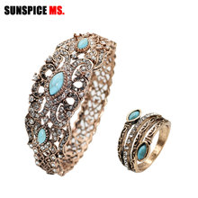 Sunspicems-brazalete cristalino de joyería turca para mujer, brazalete Vintage, Color dorado antiguo, juegos de pulsera de anillo indio, regalo 2024 - compra barato