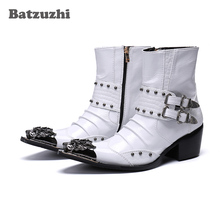 Batzuzhi rock bonito botas masculinas sapatos de metal apontado dedo do pé 6.5cm saltos de couro ankle boots para homens branco motocicleta botas hombre 2024 - compre barato