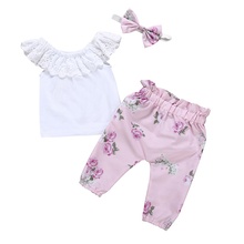Summer Girl Clothes Lace Top T-Shirt+Floral Shorts+Hair Strap 3 Pieces Infant Set Children's Wear For 0-1T 2024 - buy cheap