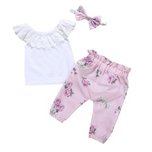 Ropa de verano para niña, camiseta superior de encaje + Pantalones cortos florales + correa para el pelo, conjunto infantil de 3 piezas, ropa para niños de 0 a 1T 2024 - compra barato