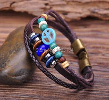 G66 Bronze Surfer Leather Wood Stone Beads Wristband Bracelet Cuff Blue Peace Mens 2024 - buy cheap
