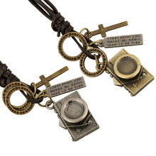 Boho Gypsy Hippie Punk Cow Leather Alloy Vintage Camera Cross Hammered Loop Tag Charms Wrap Adjust Unisex Pendant Necklace 2024 - buy cheap