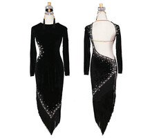 Vestido de baile latino con diamantes de imitación brillantes para mujer, trajes de competición personalizados de gama alta, vestidos negros de terciopelo elástico con flecos 2024 - compra barato