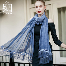 LZJN Luxury Tassel Scarf 88*220cm Fashion Women Long Cotton Shawls Gradient Pashmina Hijab Foulard Scarves Ethnic Wraps 6 Colors 2024 - buy cheap