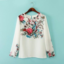 Women white floral chiffon blouses vintage round neck long sleeve shirts Blusas Femininas office casual vintage tops 2024 - buy cheap