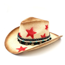 Chapéu de caubói ocidental feminino, feito a mão, de palha, com fita borla, estrela, pai, homem, capuz, jazz, tamanho 58cm 2024 - compre barato