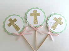 MINT & Gold Baptism Cupcake Toppers. First Communion, Confirmation, Christening wedding party cake topper 2024 - buy cheap