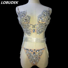 Occident Bar Nightclub DJ DS Costume Female dancer stage performance dance Suit Sparkly Glass Rhinestones Bikini Sexy Bra Sets 2024 - buy cheap