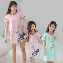 Хлопковая ночная рубашка с единорогом для девочек, платье для сна для родителей и детей, детская летняя ночная рубашка с короткими рукавами, одежда для сна для маленьких девочек 2024 - купить недорого