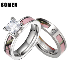 2Pcs Pink Tree Camo Inlay Titanium Couple Ring Set Women Cubic Zirconia Wedding Band Men Engagement Ring Jewelry Lover alliance 2024 - buy cheap
