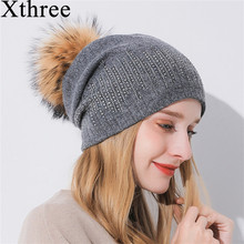 Xtrês chapéu feminino de inverno, com guaxinim, pom, gorro, caxemira, chapéu de malha, mantenha o calor, gorro de lã, marca 2024 - compre barato