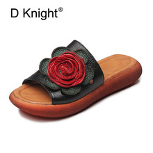 Sandálias baixas de couro genuíno para mulheres, chinelos plataforma flor, sapatos casuais para o verão, slip-on, sapatos femininos, tamanho grande 2024 - compre barato