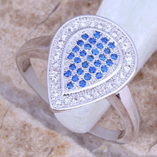 Blue Cubic Zirconia White CZ Silver Plated Water Drop Ring Size 6 / 7 / 8 / 9 E526 2024 - buy cheap