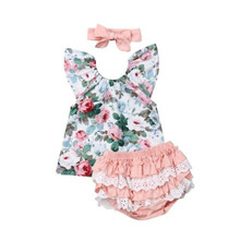 3Pcs Newborn Toddler Kids Baby Girl Floral Flying Sleeve T Shirt Tops Lace Ruffle Shorts Headband Outfits 2019 New 2024 - buy cheap